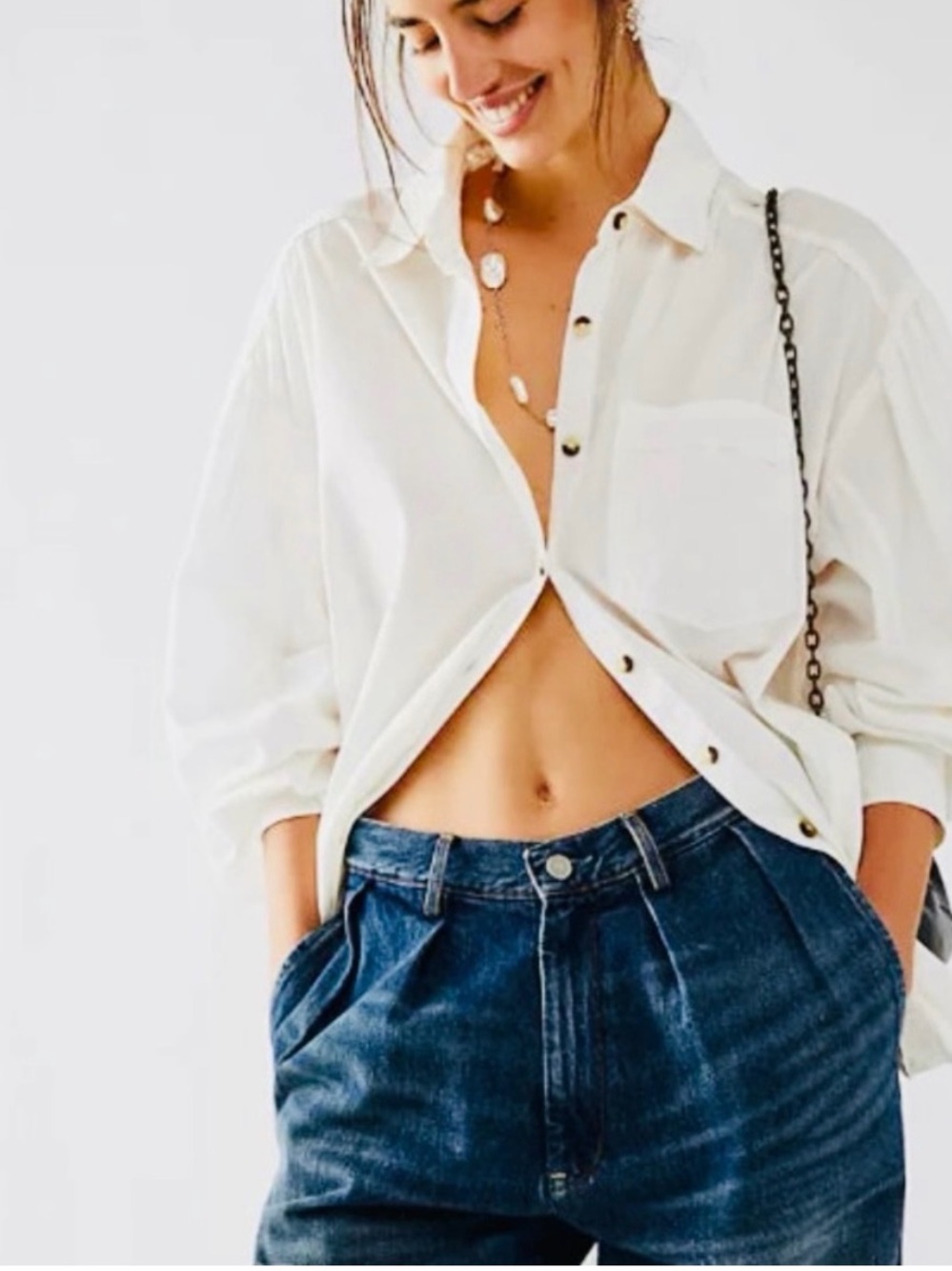 Free People We The Free Happy Hour Solid Poplin Shirt Oversized White S COTTON
